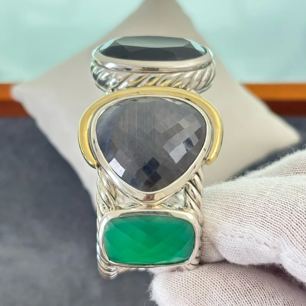 David Yurman 925 & 18k Gold Multi-Stone Viridian Cable Bracelet-Medium